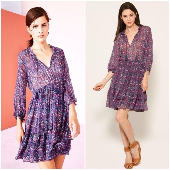 ULLA JOHNSON 70s Silk Floral Long Sleeve Ruffle Tier Hem Tassel Tie Neck Dress 0 - Picture 1 of 8